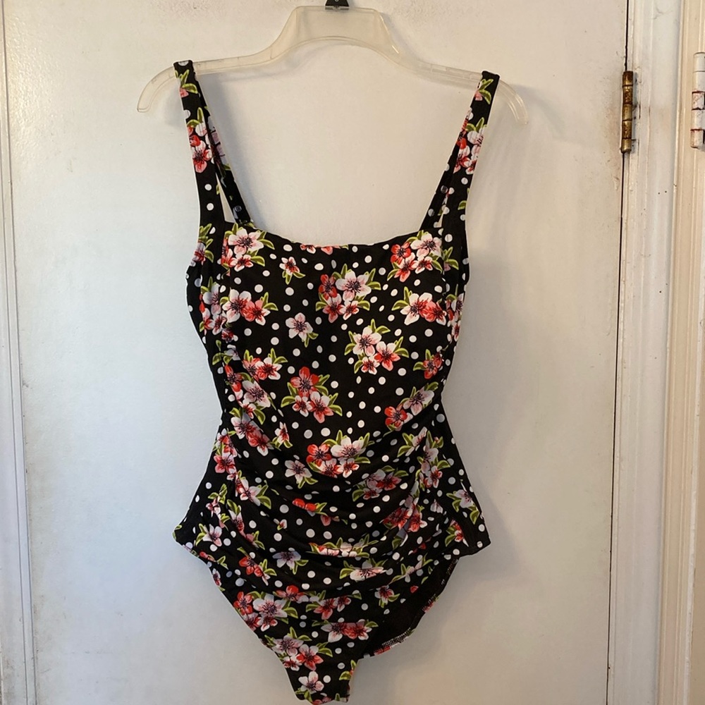 NWT Seekers Essentials black floral one-piece swimsuit